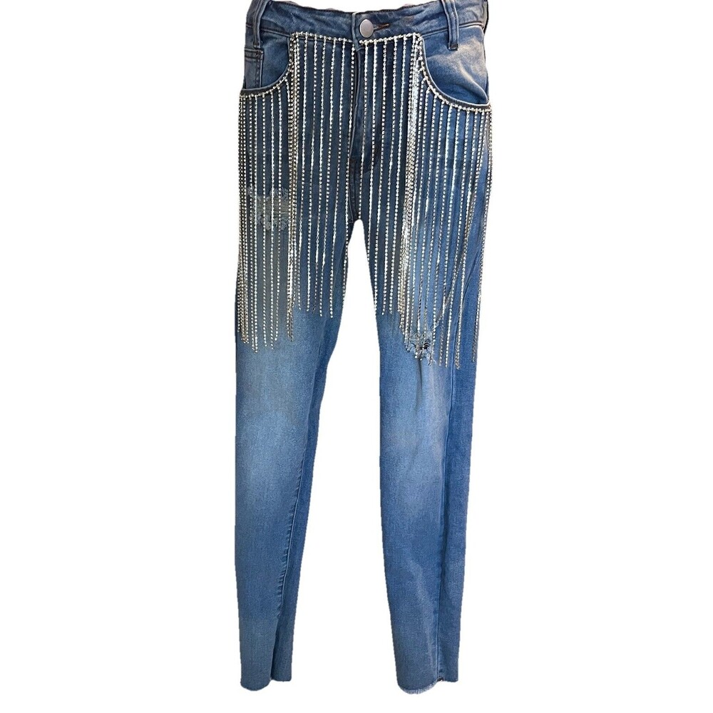 Hot & Delicious Rhinestone Fringe Jeans Y2K Inspired Distressed Womens Small NWT